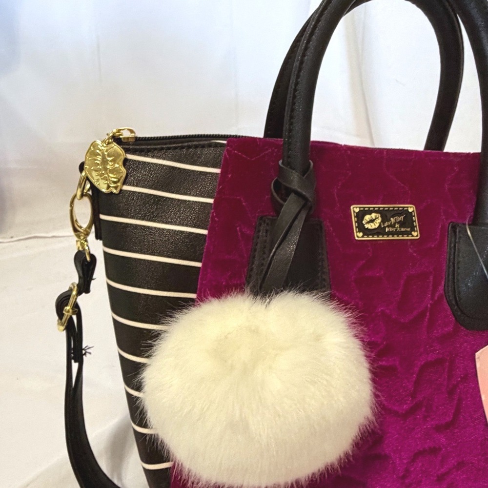 NWT Luv Betsey by Betsey Johnson Striped Star Velvet Purse with white fluff ball - Picture 3 of 13
